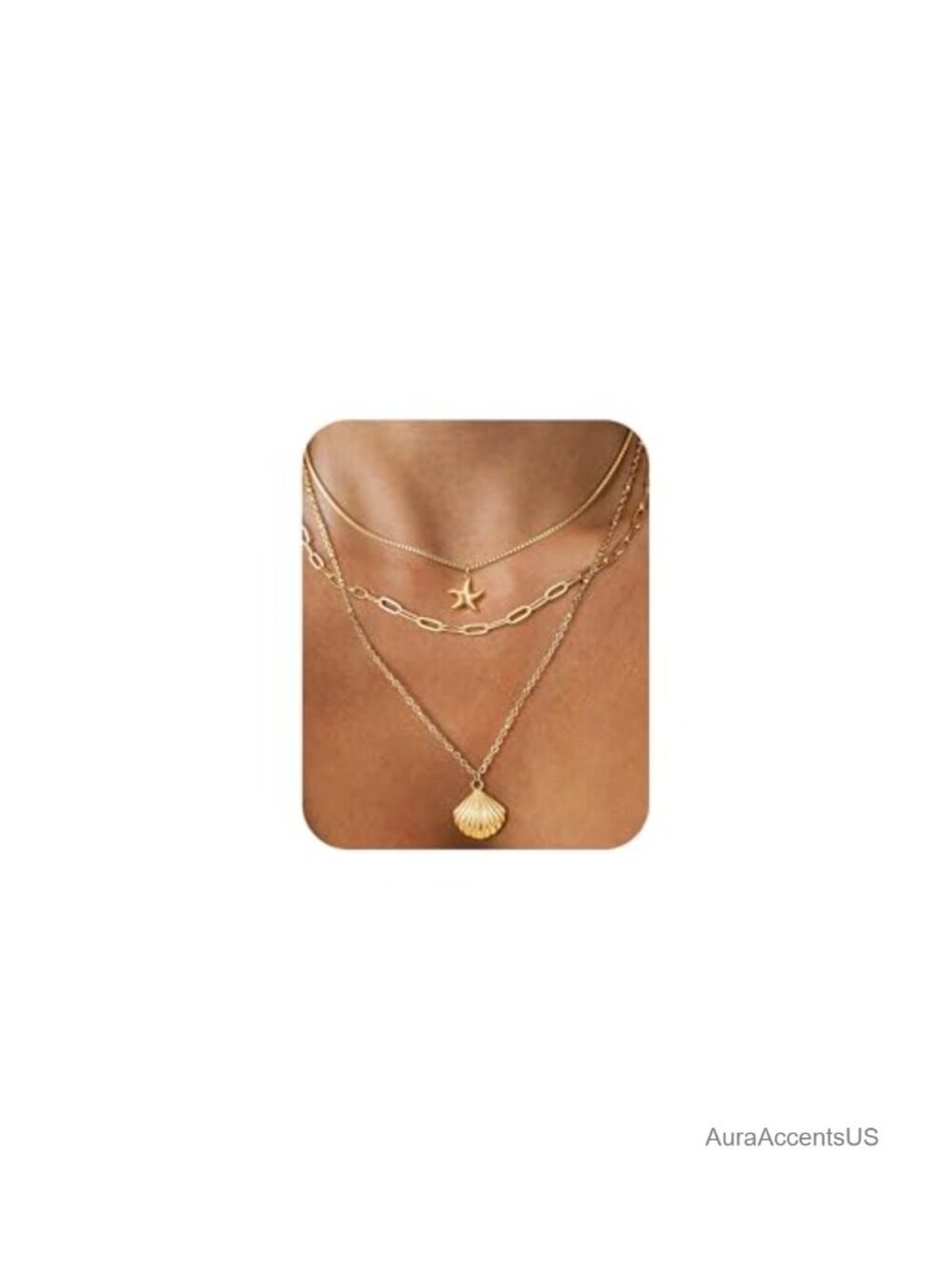 14k Gold Plated Starfish & Seashell Layered Necklace Set, Adjustable Chain, Non - Picture 1 of 6